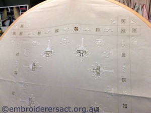 Detail Bruna Gubbini punto antico tablecloth in giant hoop