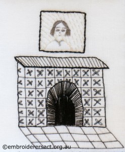Inside wall with fireplace and portrait in Etui by Pat Bootland