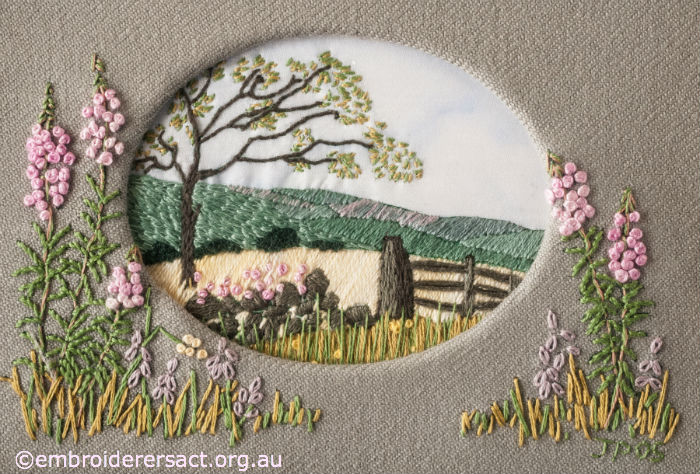 Stitced Country Scene with Pink Flowers