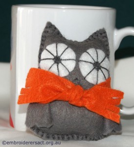 Owl wirh orange scarf feltie stitched by Jillian Bath