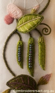 Pea Pods and Pink Flowers from Right Panel of Jane Nicholas Mirror 1 stitched by Lorna Loveland