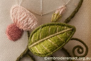 Pink Flower Detail from Right Panel on Jane Nicholas Mirror 1 stitched by Lorna Loveland