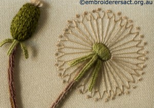 Dandelion head from Stumpwork Panel with Yellow Flowers by Lorna Loveland