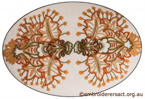 Crewel work Embroidery on Stool with Autumn Leaves by Marjorie Gilby