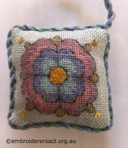 Pincushion from Elizabethan Sweetbag stitched by Marjorie Gilby