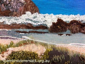 Detail 1 of Coastal Seascape in progress stitched by Agnes Sciberras