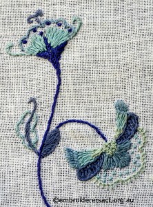 Detail 4 of Deerfield Embroidery stitched by Marjorie Gilby