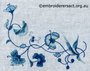 detail 1 of Deerfield Embroidery stitched by Marjorie Gilby