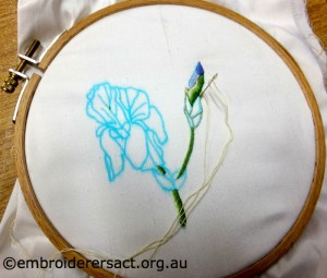Iris Embroidery stitched by Tracey Kent