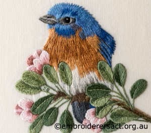Detail 2 of Eastern Bluebird stitched by Sharon Burrell
