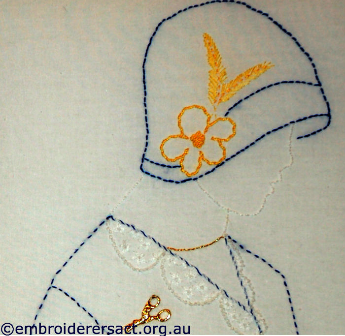Lady in Blue Hat stitchery by Doreen Grey