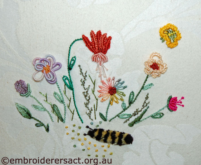 Brazilian embroidery cushion stitched by Sue Scorgie