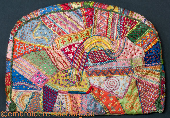 crazy patchwork tea cosy stitched by Edith Downes in 1937