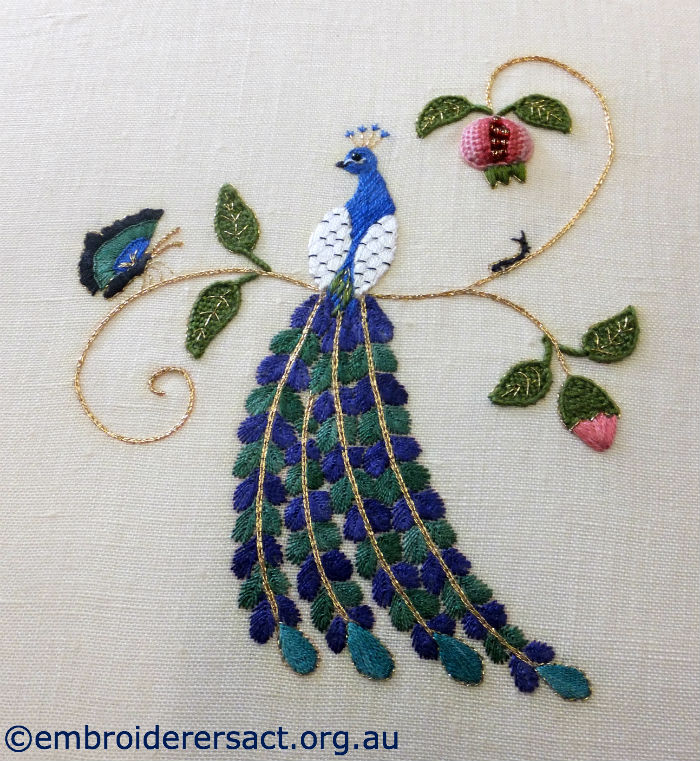 Elizabethan Peacock and Pomegranite stitched by Agnes Sciberras ...