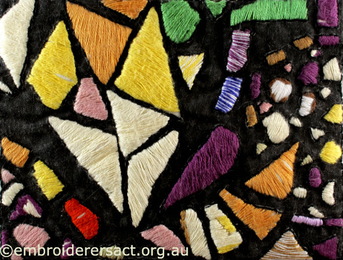 Stitched postcard of Stained Glass window in National Library by Helen Leaney